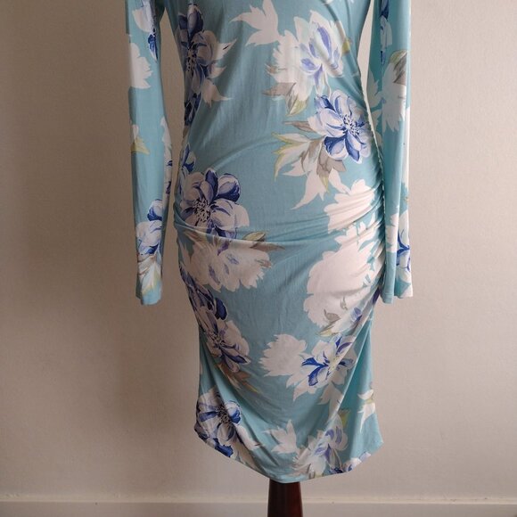Yumi Kim Floral Maternity 5th Ave Dress L Wanderlust Jade Sky Blue Ruched Midi - Picture 9 of 11